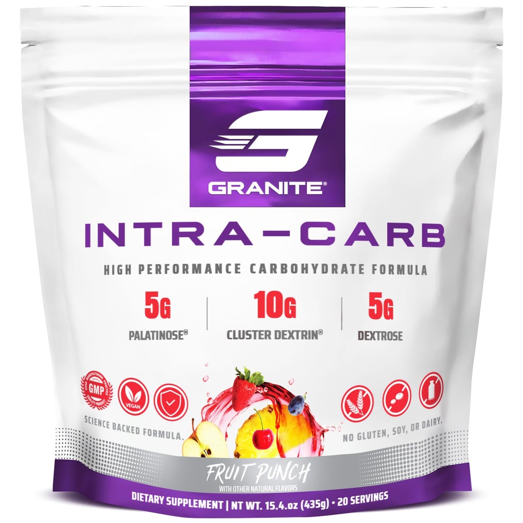 אבקת גרניט Intra Carb, פירות Punch Flavor, High-Performance Carbohydrate עם Cluster Dextrin, Palatinose, & Dextrose, תומך אנרגיה והדרכה (20 משרתים)