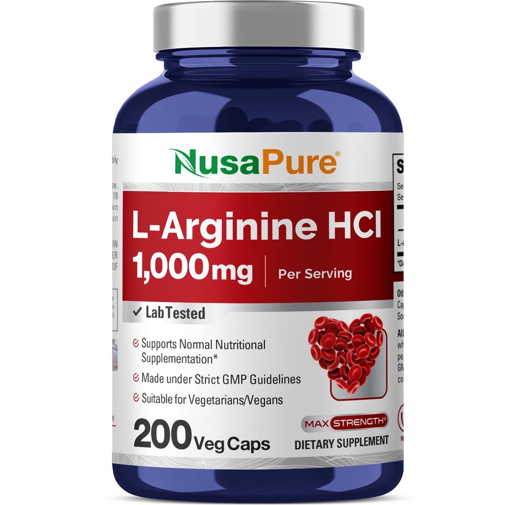 NusaPure L-Arginine 1000 מ"ג 200 קפסולות Veggie (Non-GMO, Vegetarian, טבעוני)