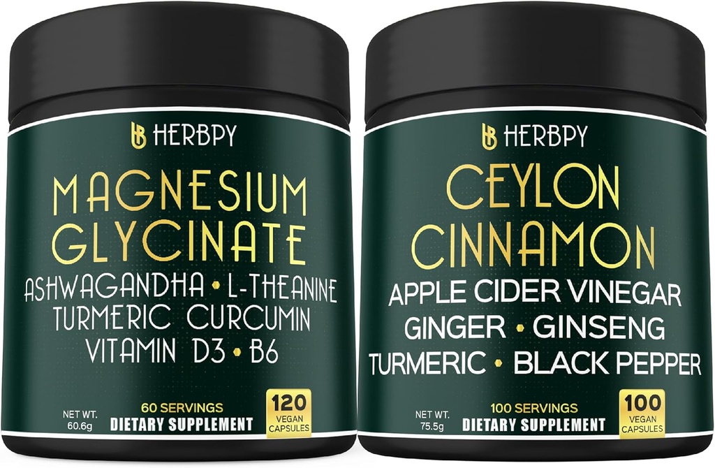 Bundle 6in1 Magnesium Glycinate תוספי & 6in1 Premium Ceylon Cinnamon תוספי - הירגעות, מנוחה יום ולילה, Immune, Heart, Digest & Body Balance Support