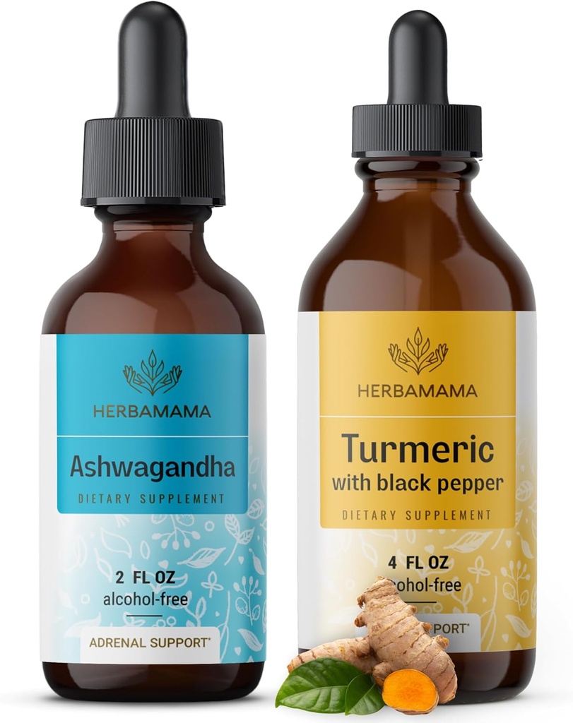 HerBAMAMA Herbal Liquid טיפות Kit - Bundle של Ashwagandha Root Extractt & Turmeric עם Black Pepper Tincture 2 oz - טבעוני, non-GMO, סוכר ואלכוהול חינם - 2 Pack