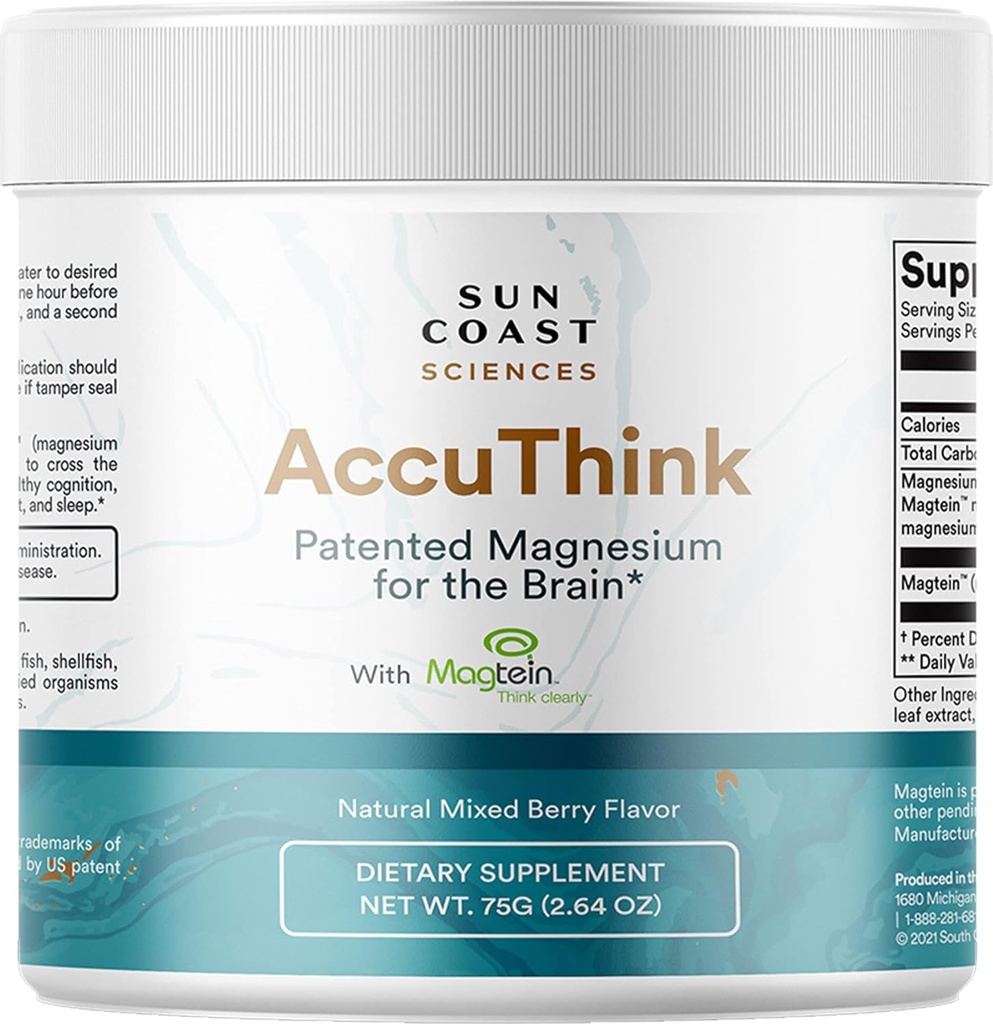 Sun Coast Science Coast Sciences Accu Think - Patented Magnesium Brain - 2.64oz Memory Supplement Brain Health, Sleep, Mood Boost - Cognitive Support Supplementnesium Threonate ויטמין C