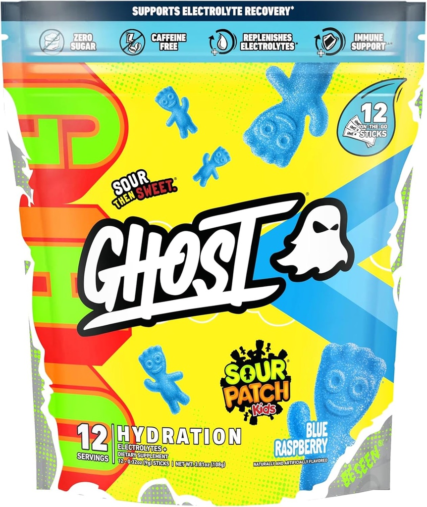 Gair hydrotion Packets, Sour Patch Kids Blue Raspberry, 12 Sticks, אבקת אלקטרוליטה - שתו לערבב תוספת עם Magnesium, Potassium, Calcium, ויטמין C - טבעוני, חינם של Soy, סוכר וגלוט