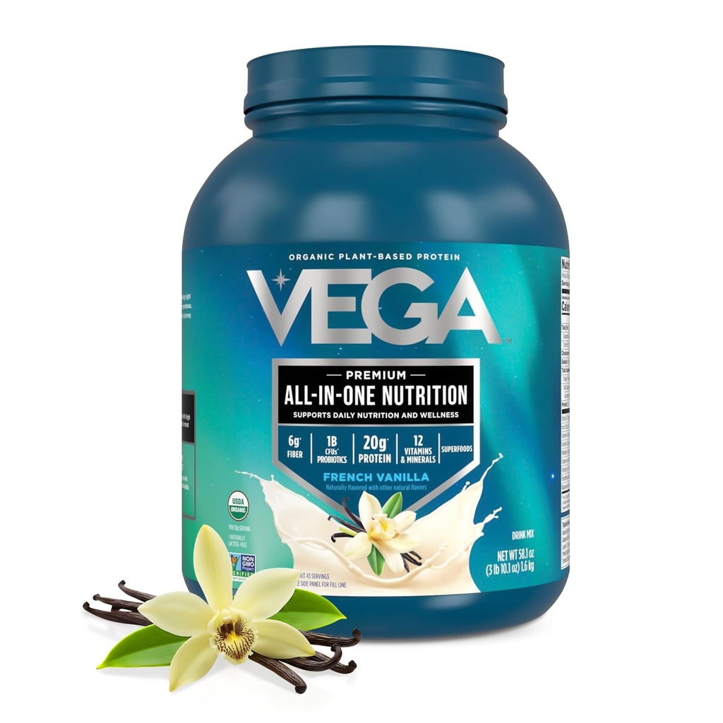 Vega All in One Nutrition אורגני - 20g Plant-based Pea חלבון, וניל צרפתית, 43 משרתים, ויטמינים A & C, Probiotics, Greens, טבעוני, Keto, Gluten Free, 3.63lbs (Packaging May Vary)