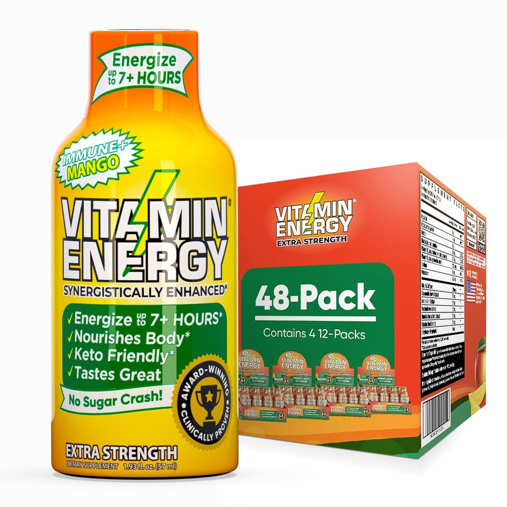 ויטמין אנרגיה Immune+ תוספת כוח אנרגיה לירות מנגו 48 Pack, 260 מ"ג טבעי Caffeine, B-Vitamins, Citicoline, תה ירוק, Immunity & Focus תמיכה, Zero Sugar, Gluten-Free 1.83 floz oz oz oz oz oz oz oz oz