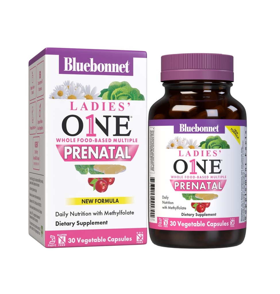 BlueBonnet Nutrition Ladies' One Prenatal Whole Food-based Multiple, Daily Nutrition*, Prenatal & Postnatal Health*, Non-GMO, Kosher, Gluten-Free, Soy-Free, 30 קפסולות ירקות, 30 משרתים