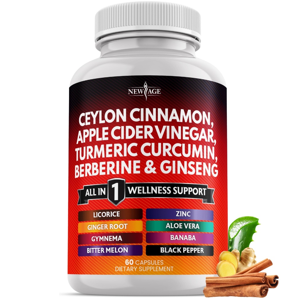Ceylon Cinnamon, Turmeric, Apple Cider Vinegar, Geneseng, Aloe Vera, Berberine Plus Banaba, ג'ינג'ר Root - 60 Count