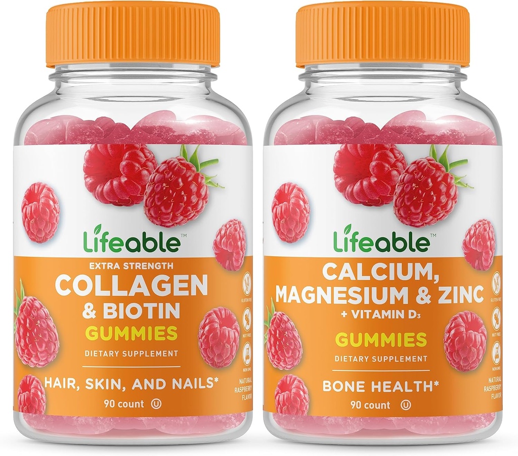 Lifeable Collagen & Biotin + Calcium, Magnesium, Zinc & ויטמין D, Gummies Bundle - Great Tasting, ויטמין, Gluten Free, GMO חינם, Chewable Gummymy