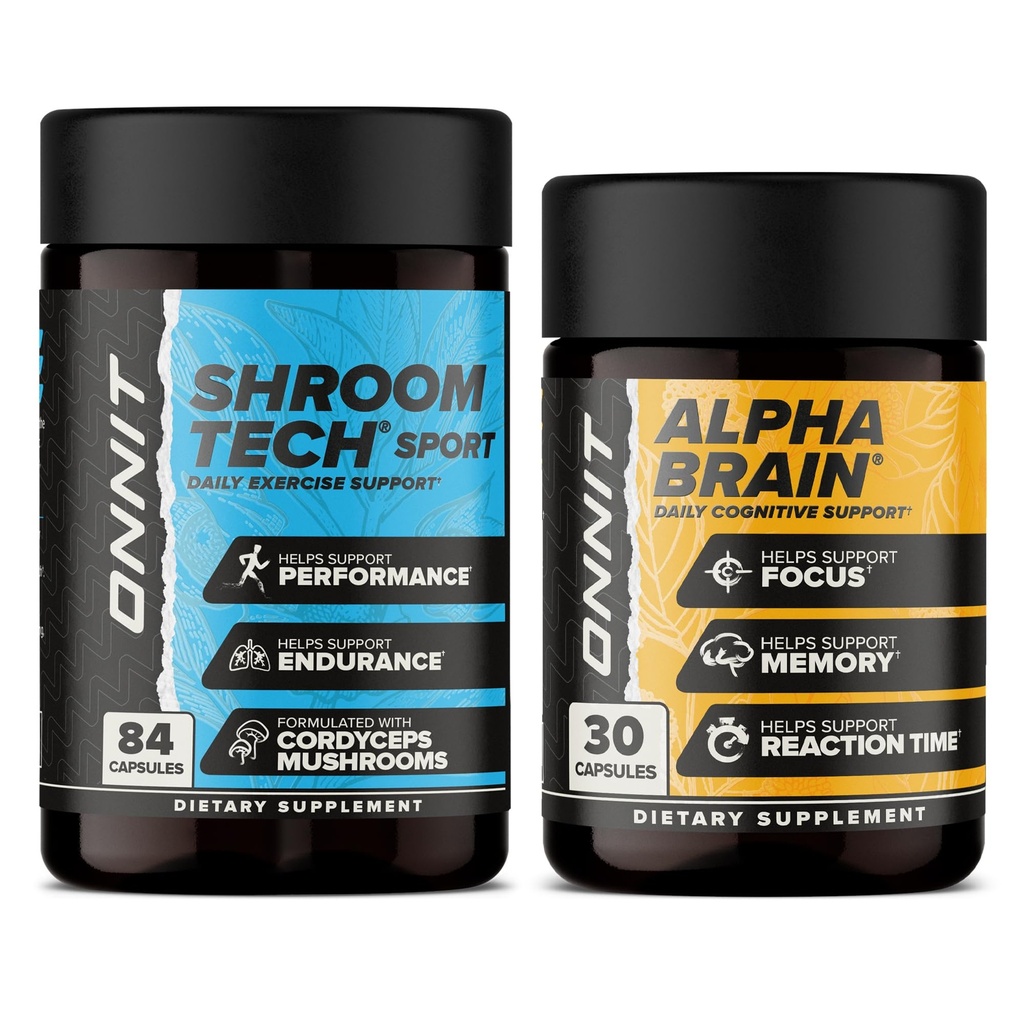 OnNIT Premium Alpha Brain Bundle - Nootropic Brain Supplement (30 Count) עבור Focus, ריכוז וזיכרון + Shroom Tech Sport for Exercise, Energy & Cardiovascular Performance (84 Count)