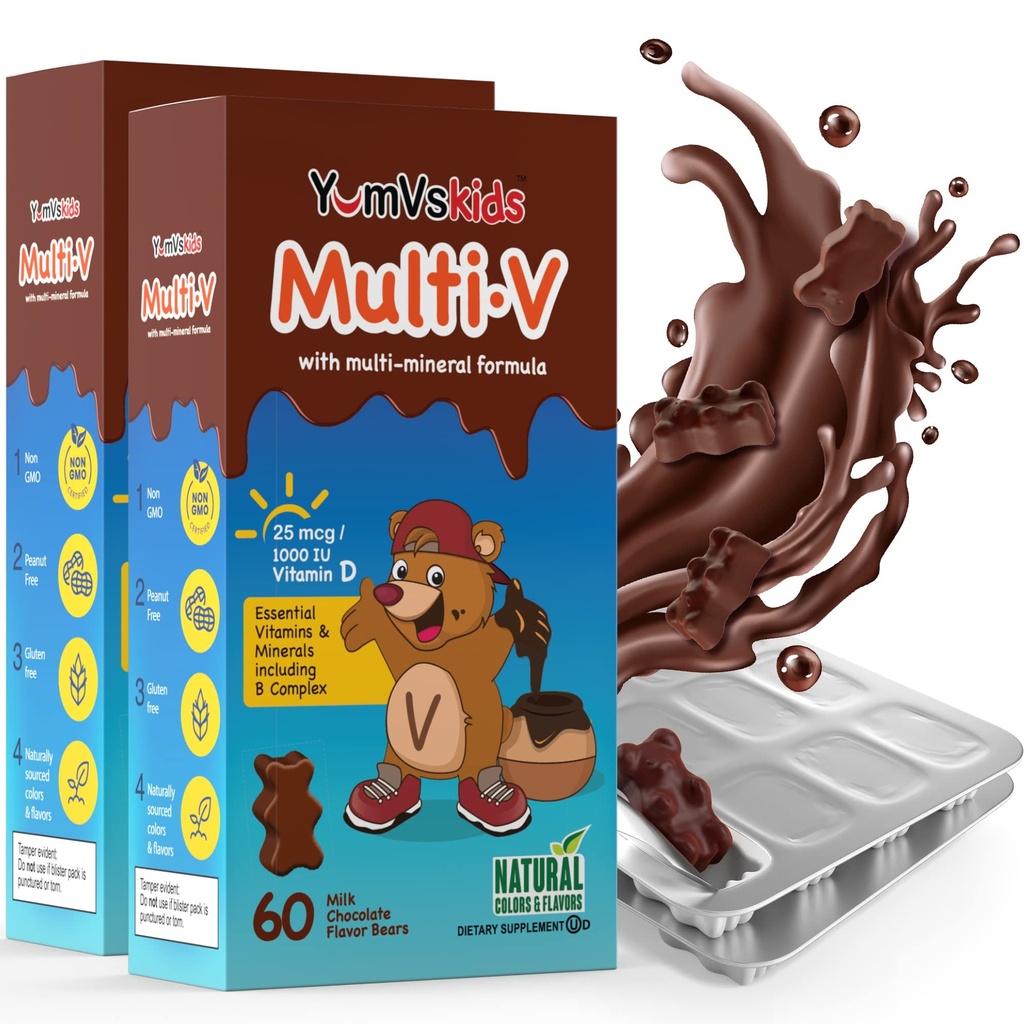 YUM-V'S - Kids Multivitamin Chewable Chocolate Bears - Multivitamin for Kids Supplement - 16 Vitamins & Minerals - Vitamins Including D, Zinc, C, B Complex & More, 60 Count (Pack of 2)