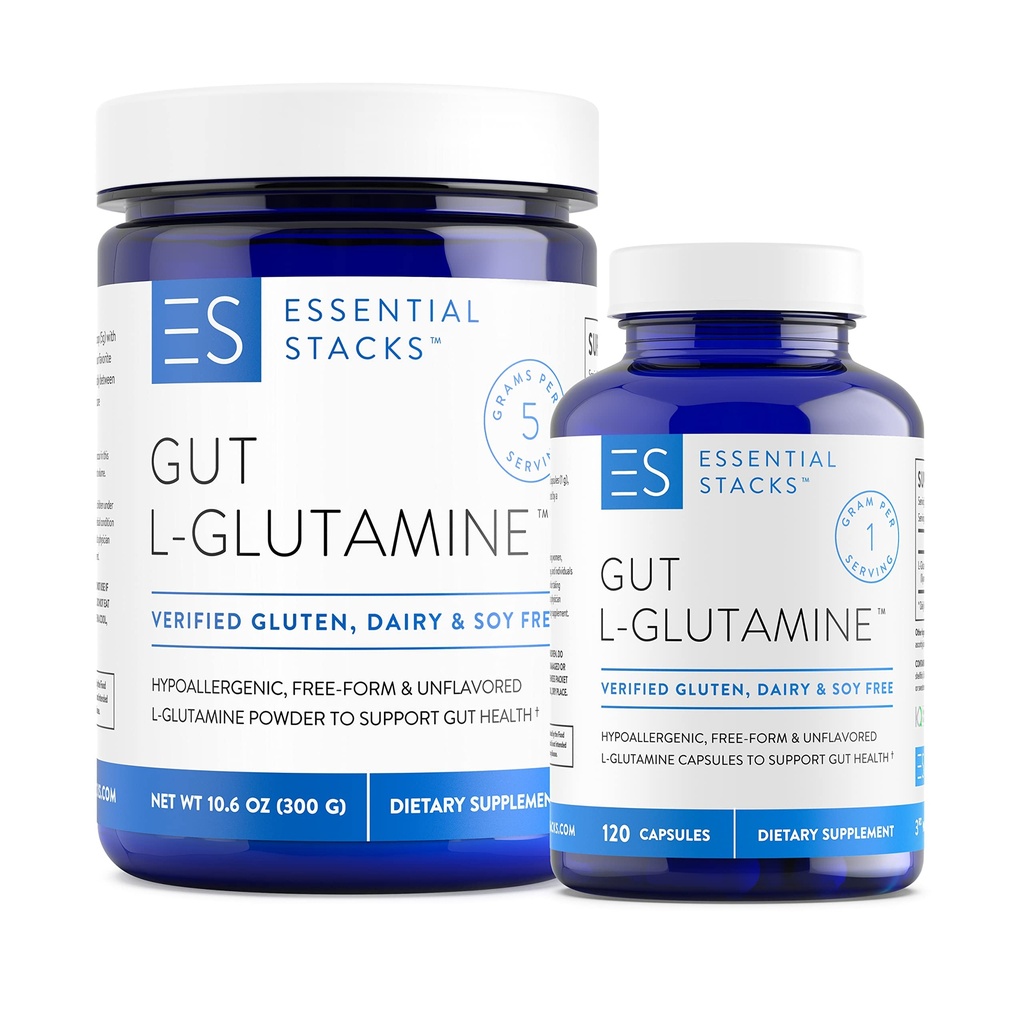 Essential Stacks L-Glutamine Home & Away Bundle - L Glutamine אבקת & קפסולות