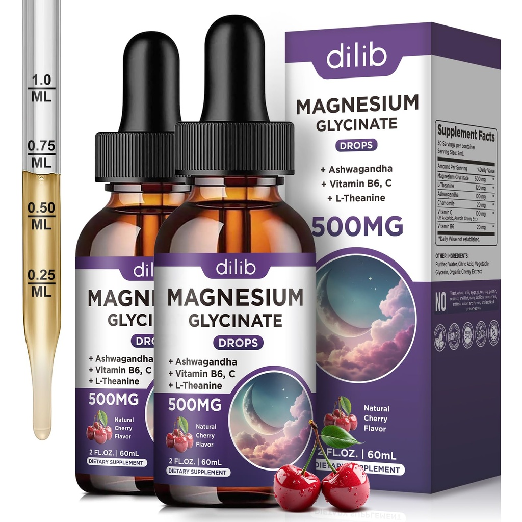 (2 Pack) Magnesium Glycinate נוזל טיפות 500 מ"ג, עם ויטמין B6, Ashwagandha, L - Theanine, Chamomile, Magnesium Glycinate High Absorption for Sleep, Stress, Energy Mood - Cherry Flavoror