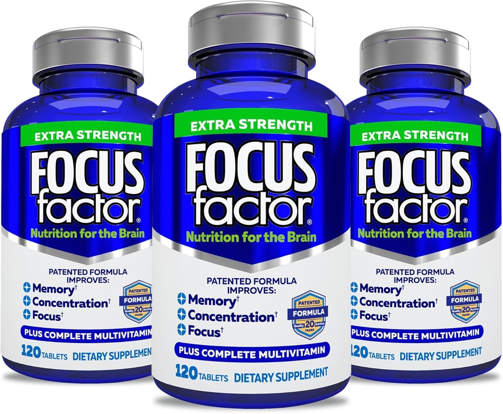 Focus Factor Adults אקסטר כוח, 120 Count- Brain תוסף לזיכרון, ריכוז, Focus-DMAE, ויטמין D, DHA- Brain Supplement - Trusted Formula- Brain ויטמיןs, Focus Pills (3 Pack)