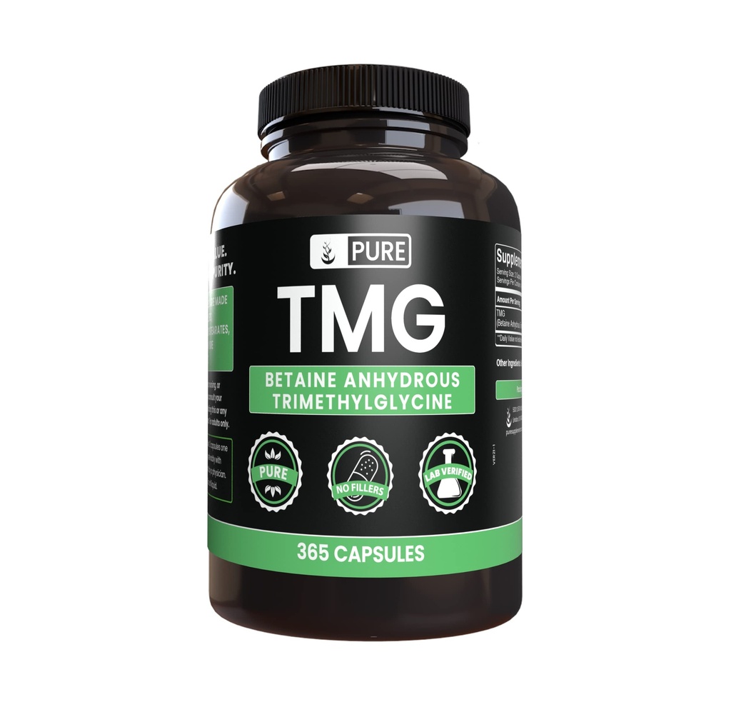 רכיבים מקוריים טהורים TMG (365 קפסולות) No Magnesium Or Rice Fillers, Always Pure, Lab מאומתת