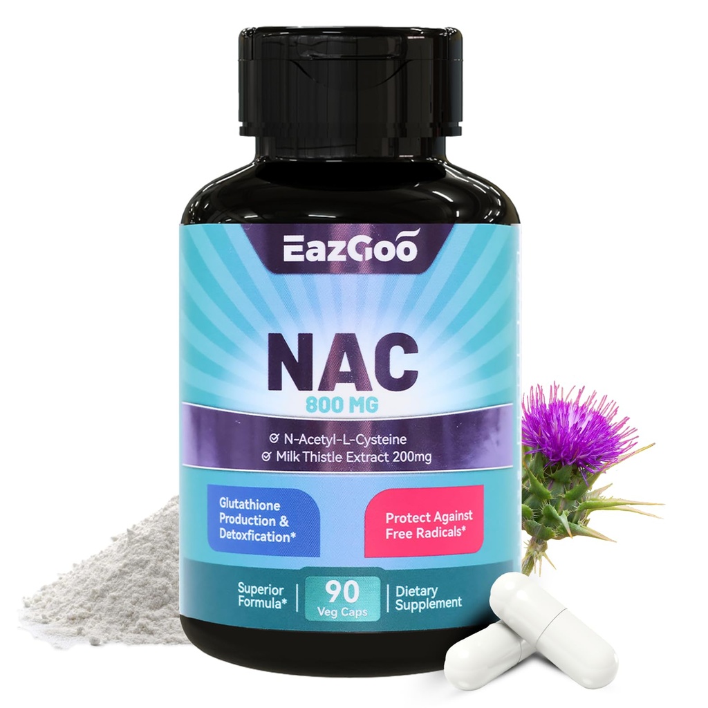 NAC תוסף, N-Acetyl Cysteine כמוסות 800 מ"ג, N-Acetyl תוספת עם חלב Thistle 200 מ"ג, תמיכה אנטי-חמצן, טבעוני, GMOs-Free, NAC Count (Pack of 1)