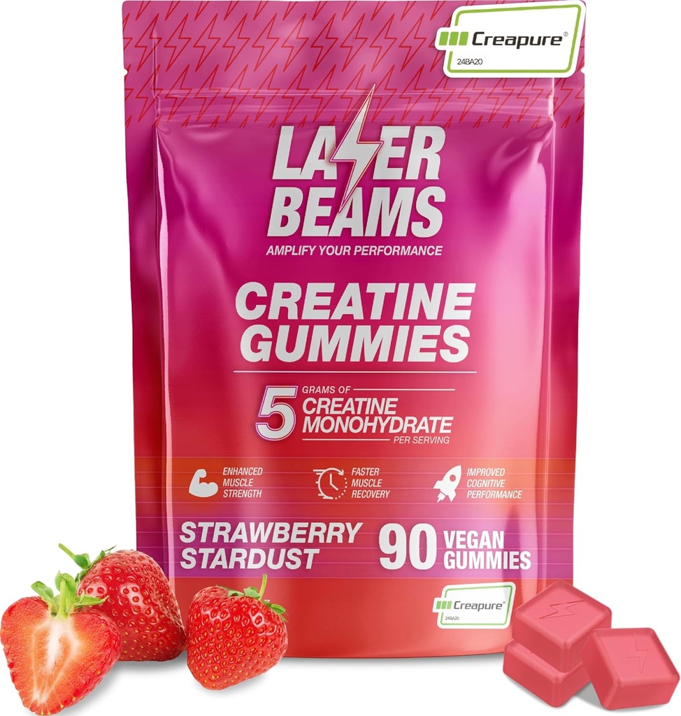 Creatine Monohydrate Gummies - 5g Creatine לשרת - טבעוני - כוח שרירי Boost, אנדורנס, התאוששות ו- Mental Focus - 90 חניכיים, Gluten-Free (Strawberry)