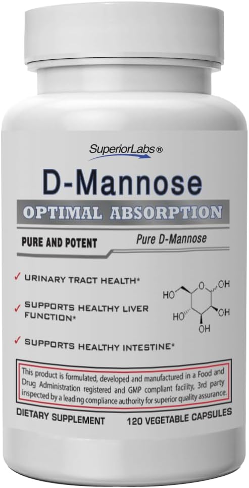 Top Labs D-Mannose 500 מ"ג, Pure non-GMO Optimal Absorption Prebiotic, Urinary Tract, Bladder & Kidney UTI תמיכה, Digestive & Liver Health Aid, IC Relief for Women & Men, 120 Veg Capseks