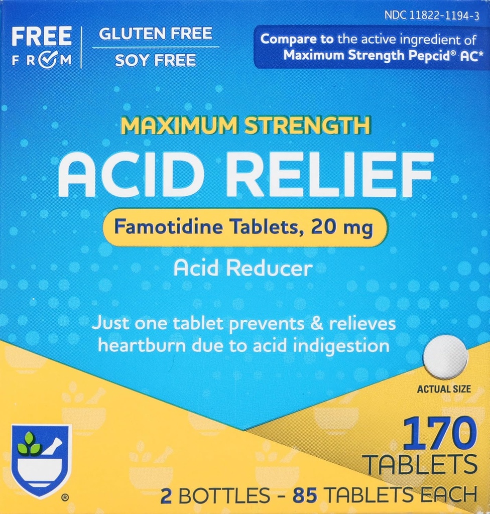 Rite Aid Acid מופחתr, טבליות פאמוטדין כוח מקסימלי, 20 מ"ג - 2 בקבוקים, 85 Count Each (170 Count Total) | Heartburn נדחה | Acid Reflux | Antacid Chews & Tablets, Heartburn Chews & Tablets