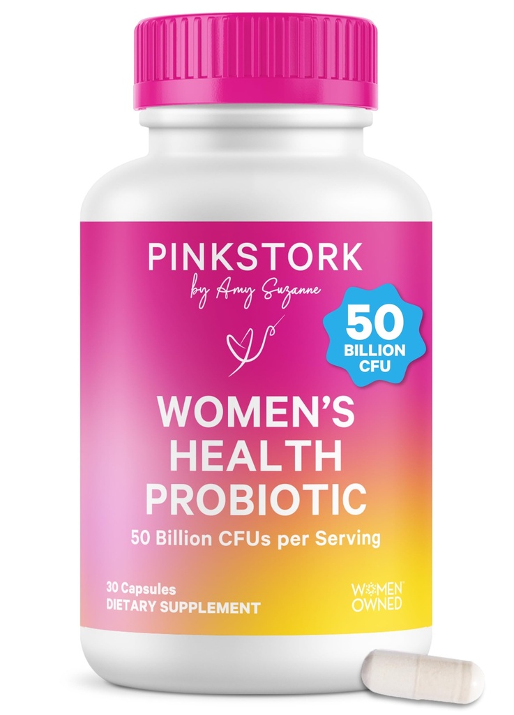 Pink Stork Women's Health Probiotic, 50 מיליארד CFU | סקר קליני פרוביוטיקה | Vaginal, Gut, Mood, & הורמונלי | Yeast & Odor Support | Probiotic and Prebiotic Bel | 30 קפסולות טבעוניות