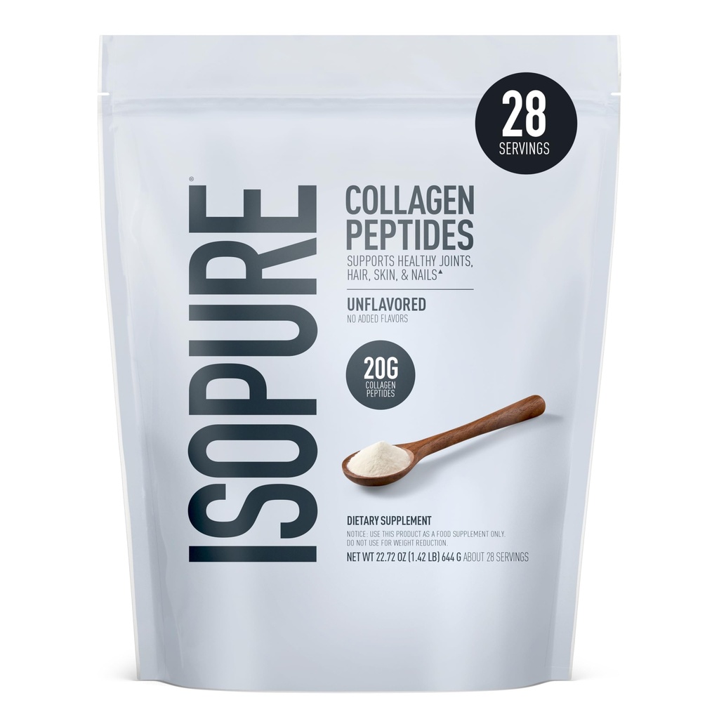 Isopure Collagen Peptides אבקת, מקדם שיער, ריח, עור ובריאות משותפת, עם ויטמין C ו- Biotin, Unflavored, 20g Collagen Peptides Per Serve, 1.42 Lb, 28 משרתים (Packaging May Vary)