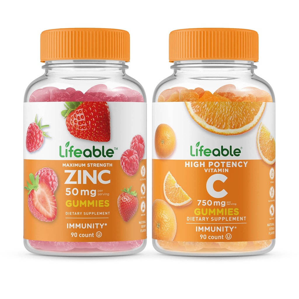 Lifeable Zinc 50mg + ויטמין C750 מ"ג, חניכיים בונדלה - גדול Tasting, ויטמין תוסף, Gluten Free, GMO חינם, Chewable Gummymymy