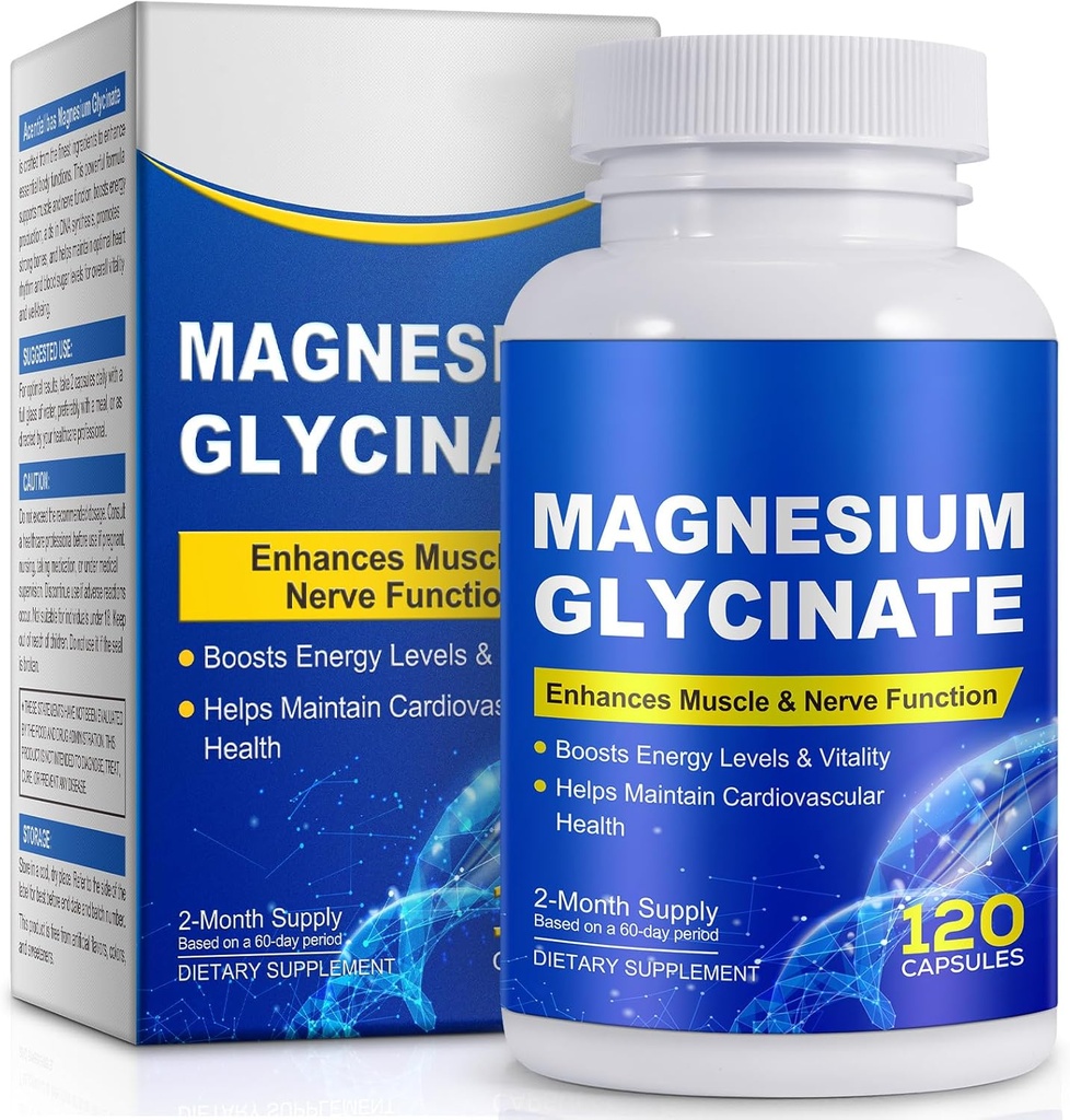 Magnesium Glycinate for Sleep, Mood, Brain, High Absorption 120 Capslues Supplement, Elemental Magnesium עם 100mg Calcium - Highly Bioavailable - עם ויטמין D3 & K2