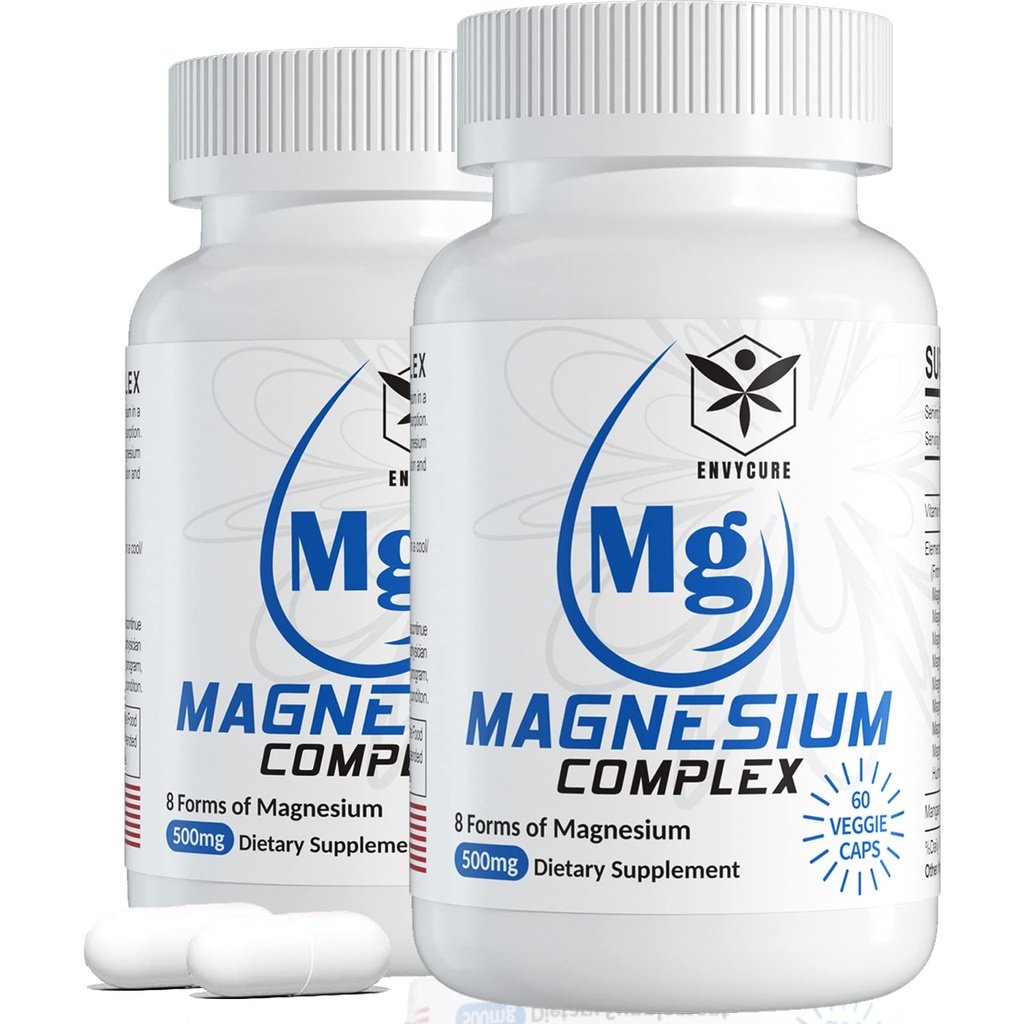 Magnesium Complex Supplement 8 Forms, 500 מ"ג מגנזיום Glycinate, Malate, Citrate, High Absorption Mg for Calm, Sleep, Mood & בריאות השרירים, Pack של 2, Total 120 קפסולות טבעוניות