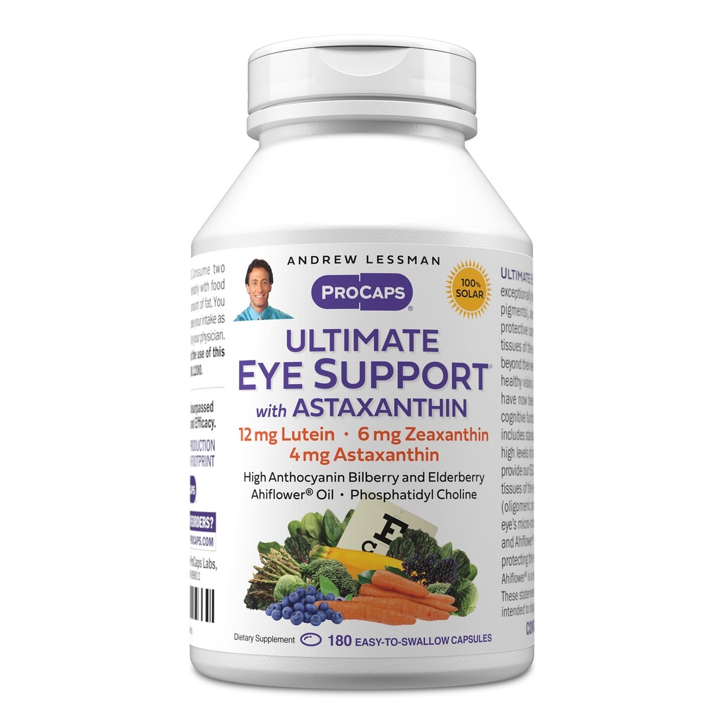 ANDREW LESSMAN Ultimate Eye Support with Astaxanthin 180 Softgels - 12mg Lutein, 6mg Zeaxanthin, 4mg Astaxanthin, Bilberry. חומרים מזינים מרכזיים לתמיכה בבריאות העין, לקדם חזון בריא. אין תוספת