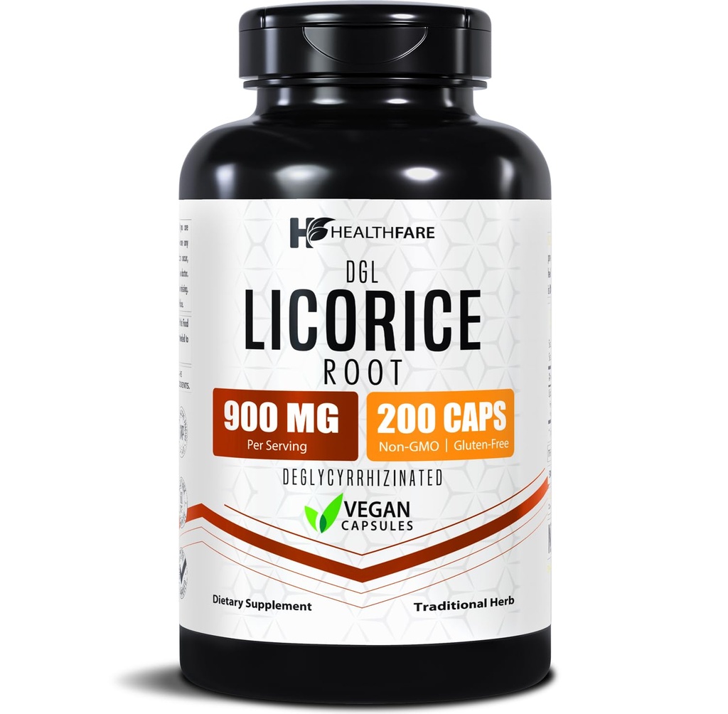 Healthfare Licorice Root לחלץ 900 מ"ג | 200 קפסולות טבעוניות DGL תוסף | תוספת עוצמה Herbal Formula | Non-GMO, Gluten-Free | Made in USA