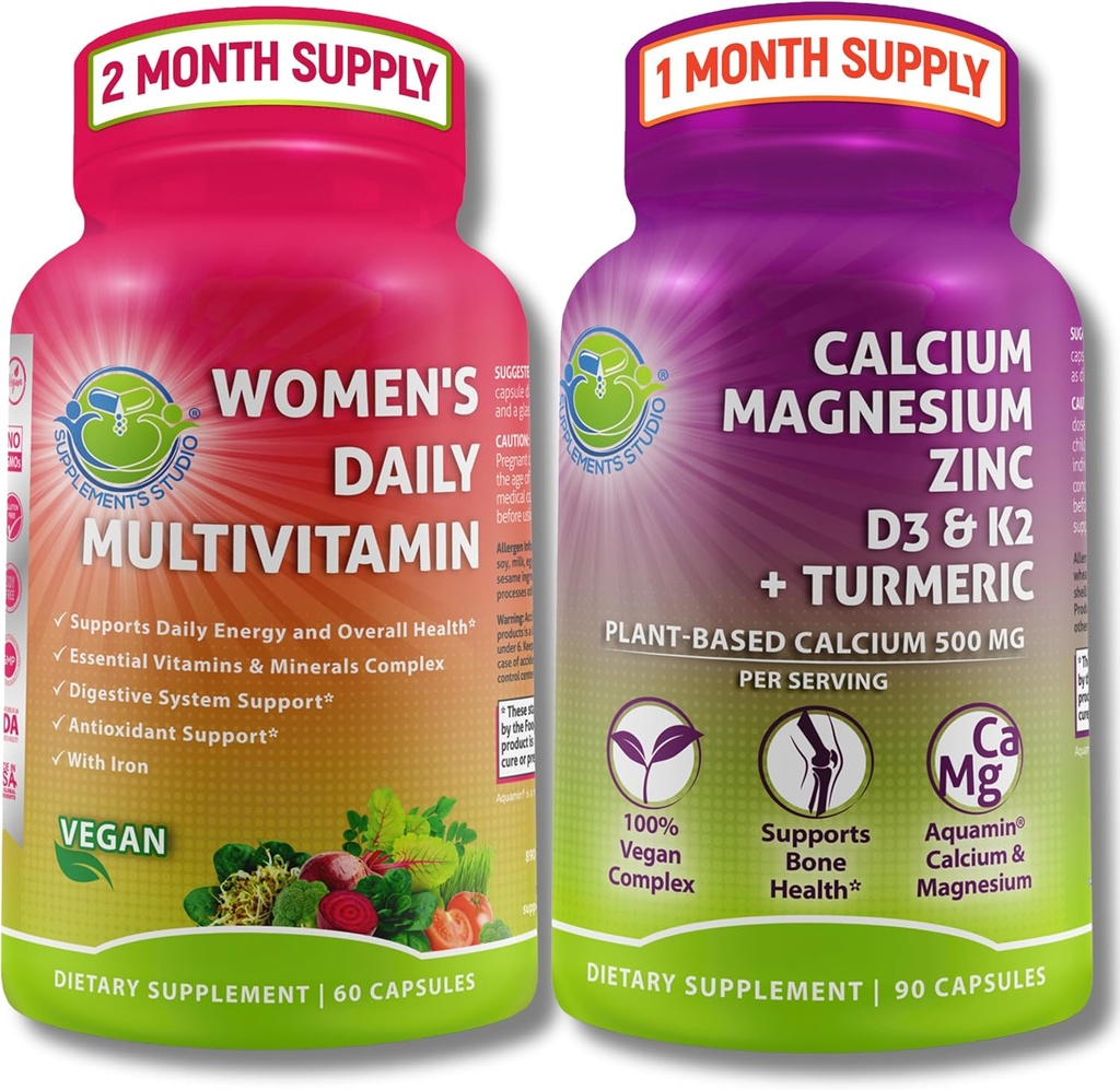 SUPPLEMENTS STUDIO מקיף את בריאות העצם & בריאות בונדלה - Women's Daily Multivitamin עם Iron + Plant-based Calcium, Magnesium, Zinc, D3, K2 & Turmeric - טבעוני, Non-GMO, Ingredientsientsients
