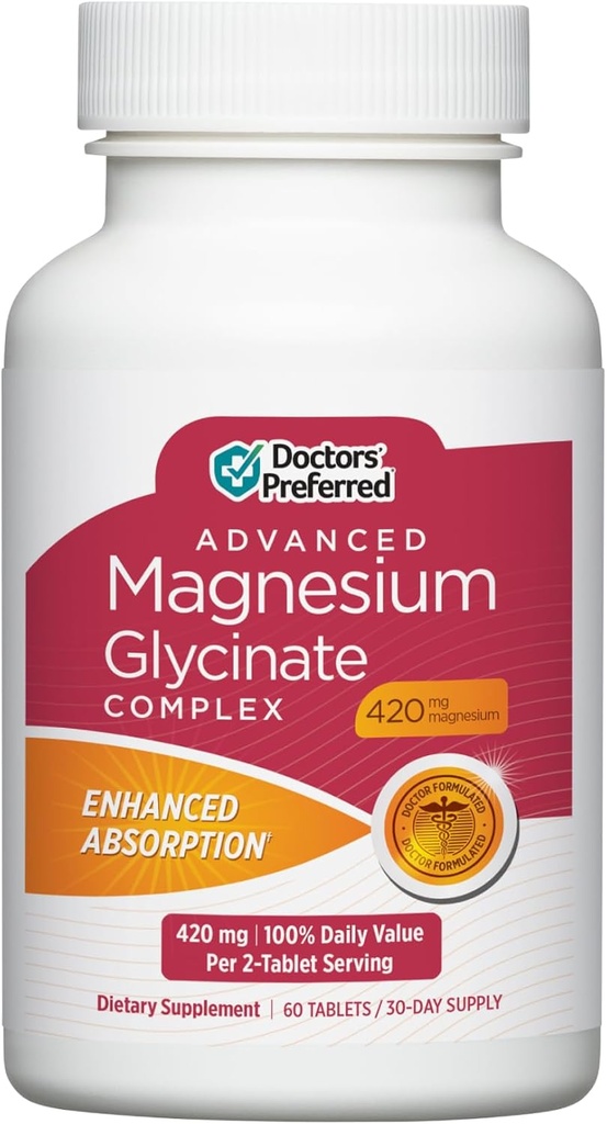 DoCTORS'PreFERRED Advanced Magnesium Glycinate Complex, Enhanced Absorption Technology, Highly Potent, Gentler, Doctor-Developed Formula. בריאות הלב, בריאות Mood ועוד 420 מ"ג, 30 יום אספקה