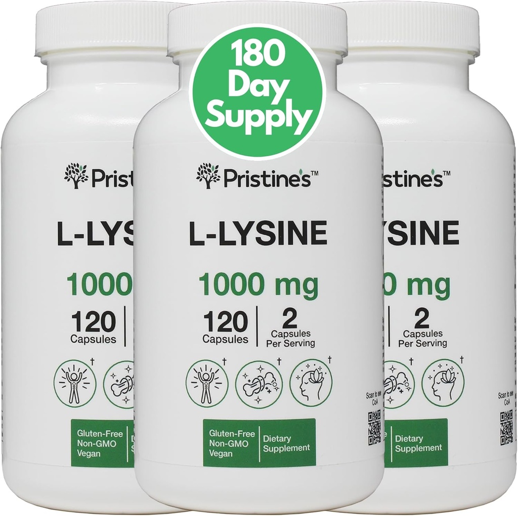 PRISTINE'S L Lysine 1000 מ"ג (3 Pack) Lip & Gum Health Essential Amino Acid Immunity תמיכה קפסולות תוספי מזון -180 יום אספקת שרירים ו- Tissue Support - ייצור משותף - גידול טבעוני חינם לא GMO