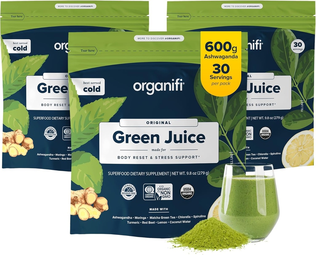 Organifi Green Juice - Organic Superfood Powder - 90-Day Supply - Organic Vegan Greens - Helps Decrease Cortisol - Provides Better Response to Stress - Supports Weight Control - Total Body Wellness