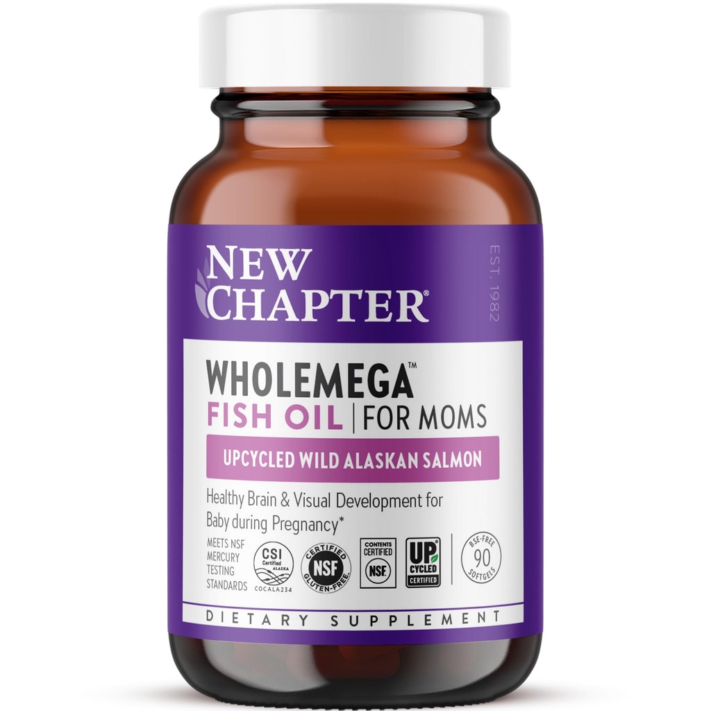 New Chapter Wholemega for Moms Fish Oil תוספת, קפסולות זעירות, 2000 מ"ג לכל משרת, Prenatal DHA עם אומגה 3 + ויטמין D3 עבור Prenatal & Postnatal תמיכה, 500 מ"ג כל - 90 הרוזן