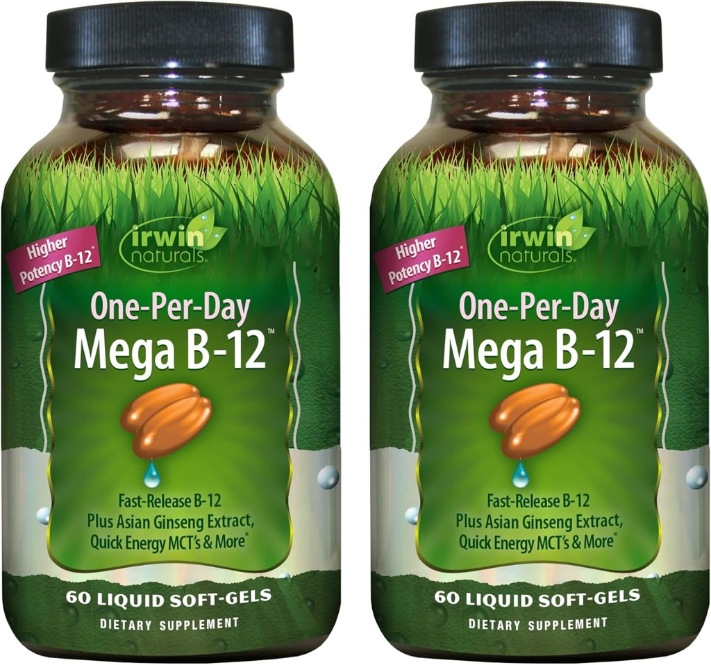 Irwin Naturals One-Per-Day Mega B-12 1500mcg High Potency Methyylobalamin ויטמין - Fast Enhanced Absorption with MCT + אסיאתי גינזנג - אנרגיה טבעית Boost - 60 סולגלים נוזליים (Pack of 2)