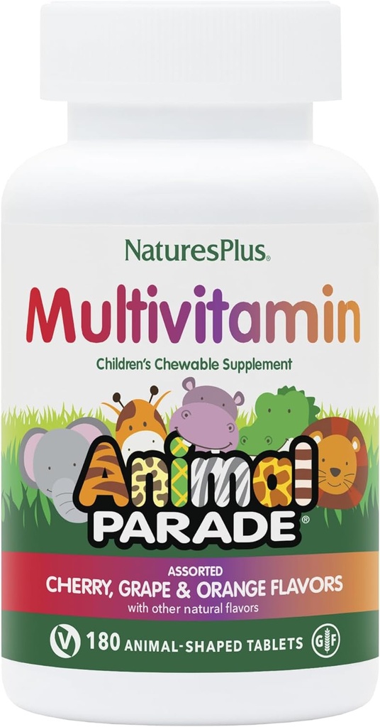 NaturesPlus Animal Parade Children's Chewable Multivitamin - 180 טבליות בעלות חיים, Pack of 3 - Natural Assorted Flavors - Vegan, Gluten Free - 270 המשרתים מלאים