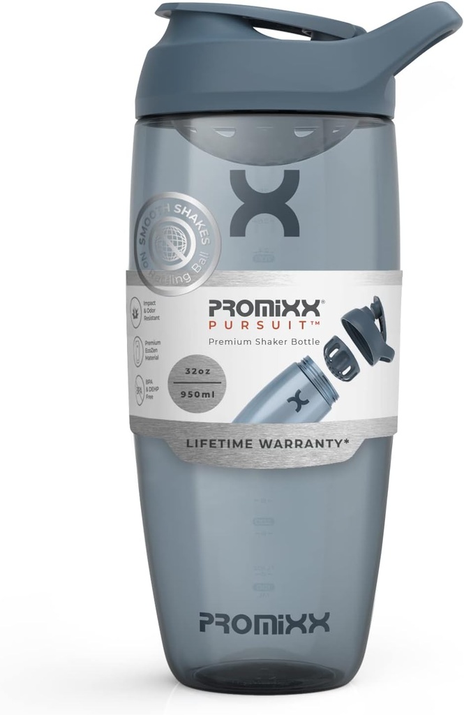 Promixx Pursuit חלבונים Shaker Bottle (32 oz) - Silent No-Ball Mixer, Leak-Proof Lid, BPA / BPS & Phthalate-Free ECOZEN - Easy-Clean Shaker Cup for Protein Shakes, Pre & Post-Workout Smoothies