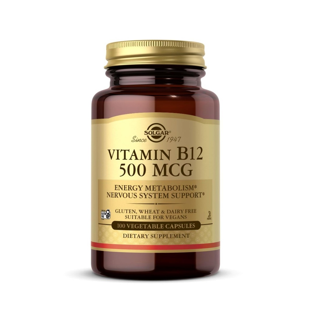 Solgar ויטמין B12 500 mcg - 100 קפסולות ירקות - אנרגיה Metabolism & Nervous System Support - Non-GMO, טבעוני, Gluten & Milk Free, כשר, Halal - 100 משרתים