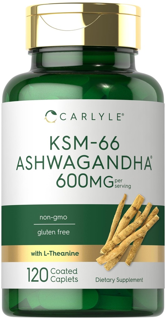 קרליל KSM-66 Ashwagandha 600 מ"ג | 120 קפסולות | תוספי חילוף עם L-theanine | טבעוני, Non-GMO, Gluten Freeten