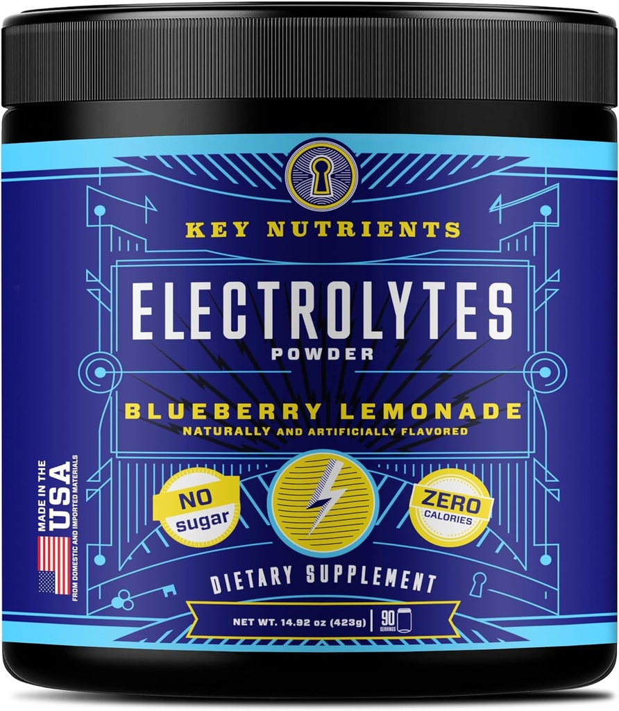 אבקת KEY NUTRIENTS Multivitamin Electrolytes אבקת No Sugar - Fresh Blueberry Lemonade אלקטרוליטה אבקה - Endurance & Energy תוספת - שתייה מהירה - No Calories - 90 משרתות - מיוצר בארה"ב