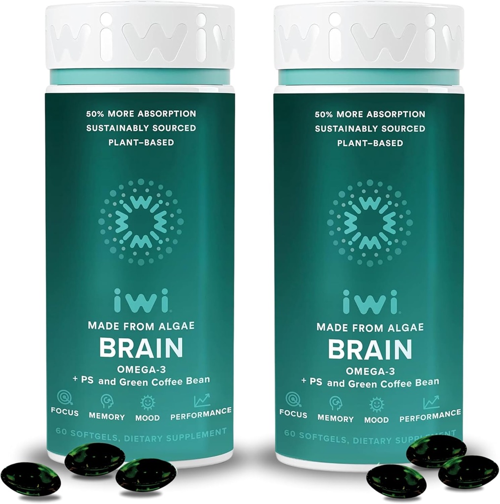 iwi Life Brain אומגה 3, 120 Softgels (60 משרתים), אלגה צמחית המבוססת על צמחי טבעוני אומגה 3 עם EPA + DHA, Focus, Memory and Mood Support Dietary, קריל & Fish שמן אלטרנטיבי, ללא דגים לאחר מכן