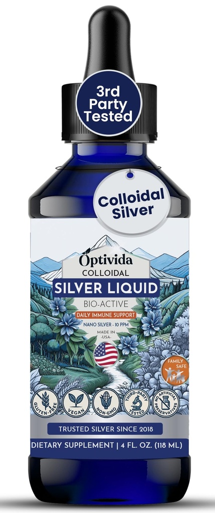 Optivida Health Colloidal Silver נוזלי (4 oz) - Premium Nano Silver Colloidal תוסף עבור Daily Wellness & Immune Support, Natural Liquid Hydrosol for Adults & Kids, Non-GMO, Gluten-Free FreeFree