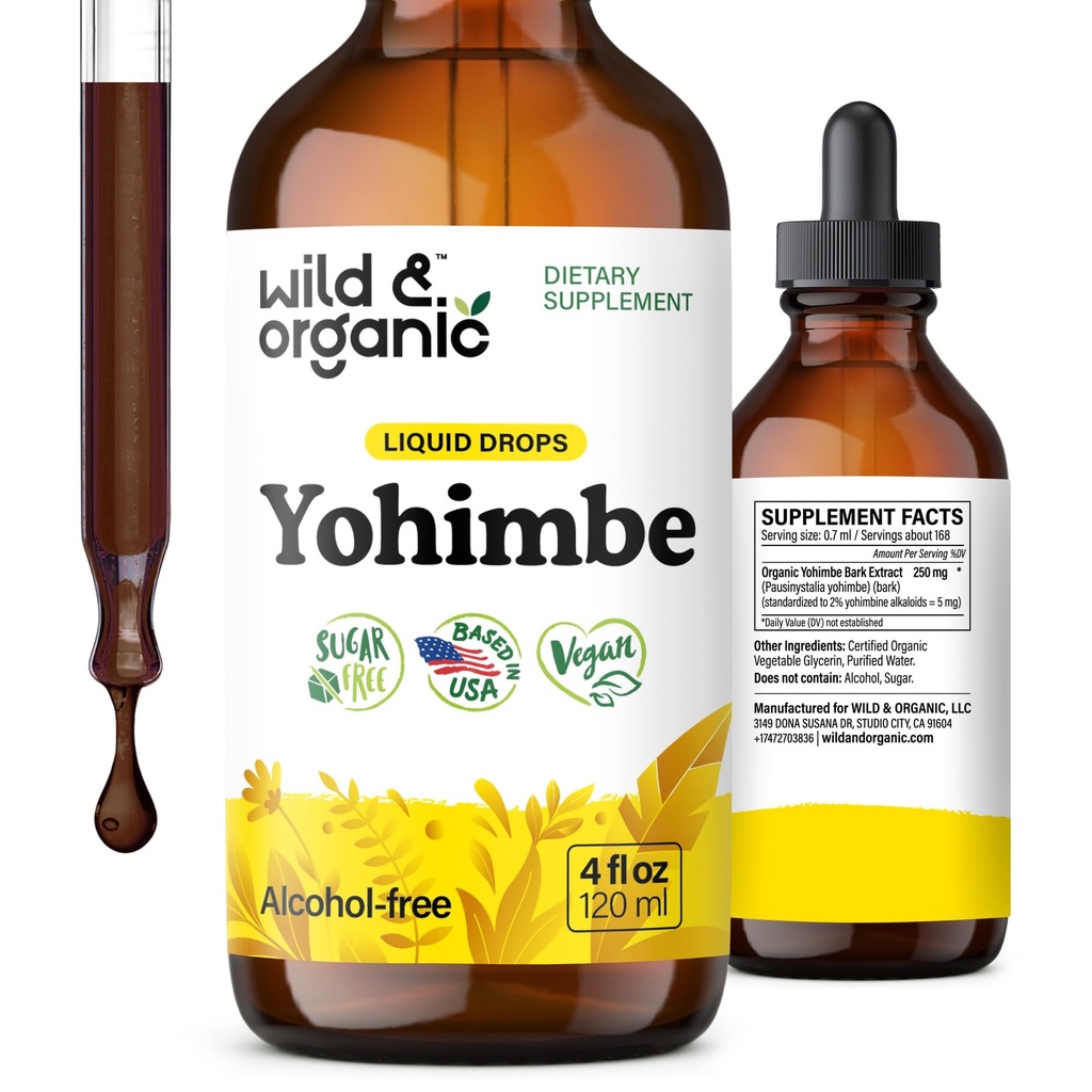 Wild & אורגני Yohimbe תוספי עבור גברים ונשים - 5 מ"ג Yohimbine לחלץ Tincture - אלכוהול חינם Yohimbe Bark Drops - טבעוני, non-GMO & Sugar חינם - 4 oz oz