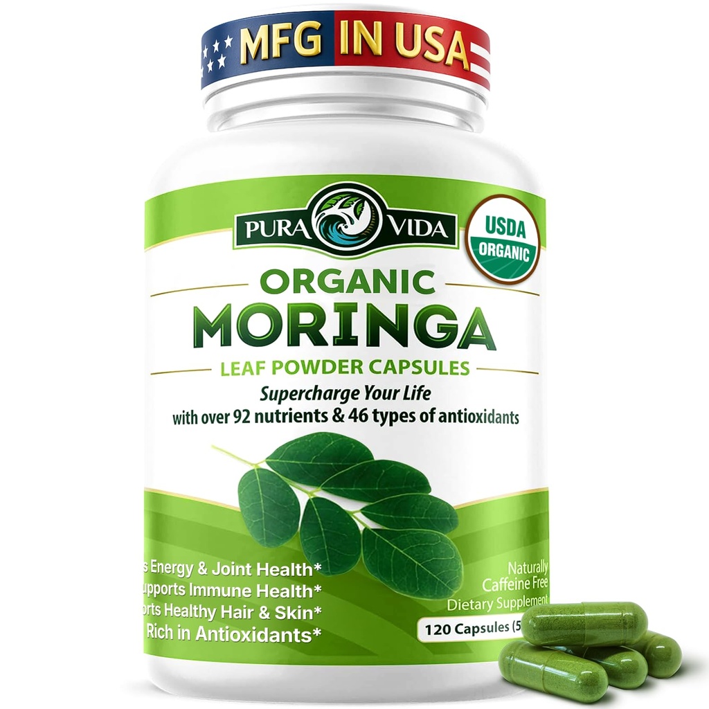 PURA VIDA MORAA קפסולות יחיד Origin Moringa אבקת אורגני. Pure Moringa Leaf. Energy, Metabolism, & Immune Support. 120ct. 500 מ"ג קפיצות.
