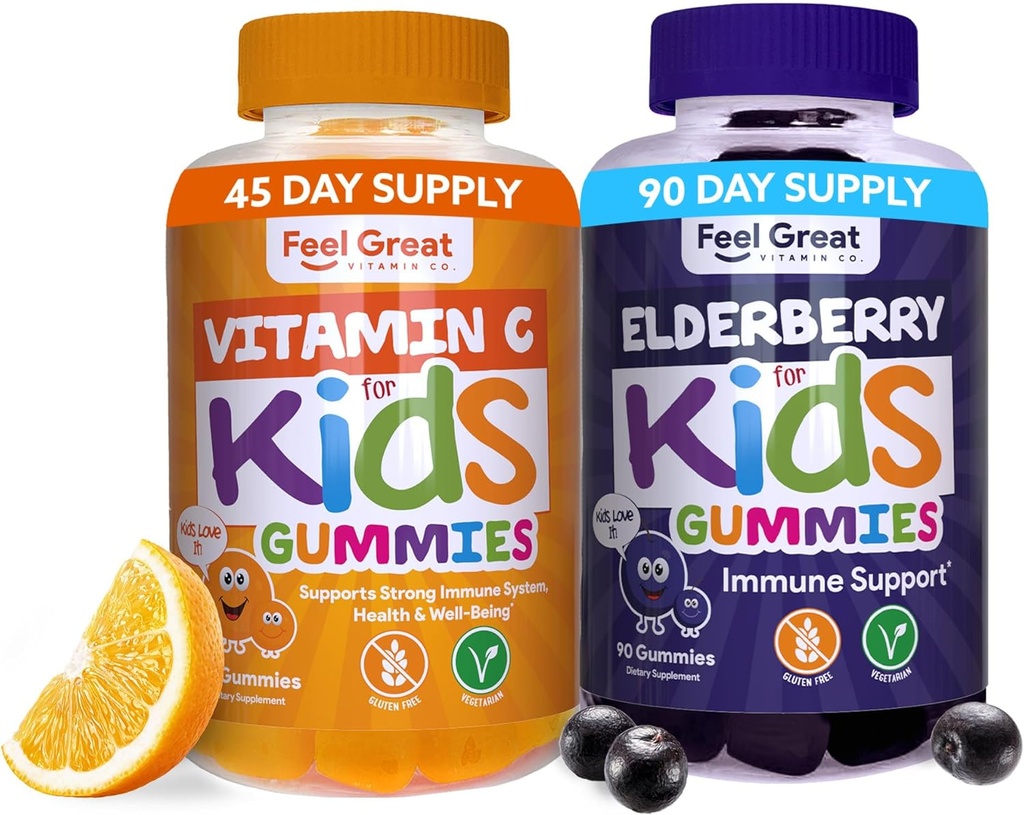 מרגיש גדול Immune תמיכה חניכיים לילדים Duo - 90 יום אספקה - Zinc, ויטמין C, Elderberry - Gluten Free, Plant Based - Tasty Berry & Citrus Gummies