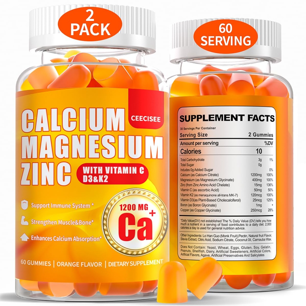 Calcium Magnesium Gummies for Women Men: 1200mg Calcium Citrate Zinc Gummy with Vitamin C D3 K2 - Vegan Sugar Free Chewable High Absorption Enegy Immune Support Supplement(120Count)