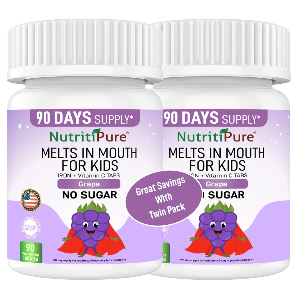 Kids Chewable Iron Supplement, Ferronyl® Carbonyl Iron 9 מ"ג, ויטמין C 30 מ"ג, Grape Flavor, 90 טבליות (2 בקבוקים)