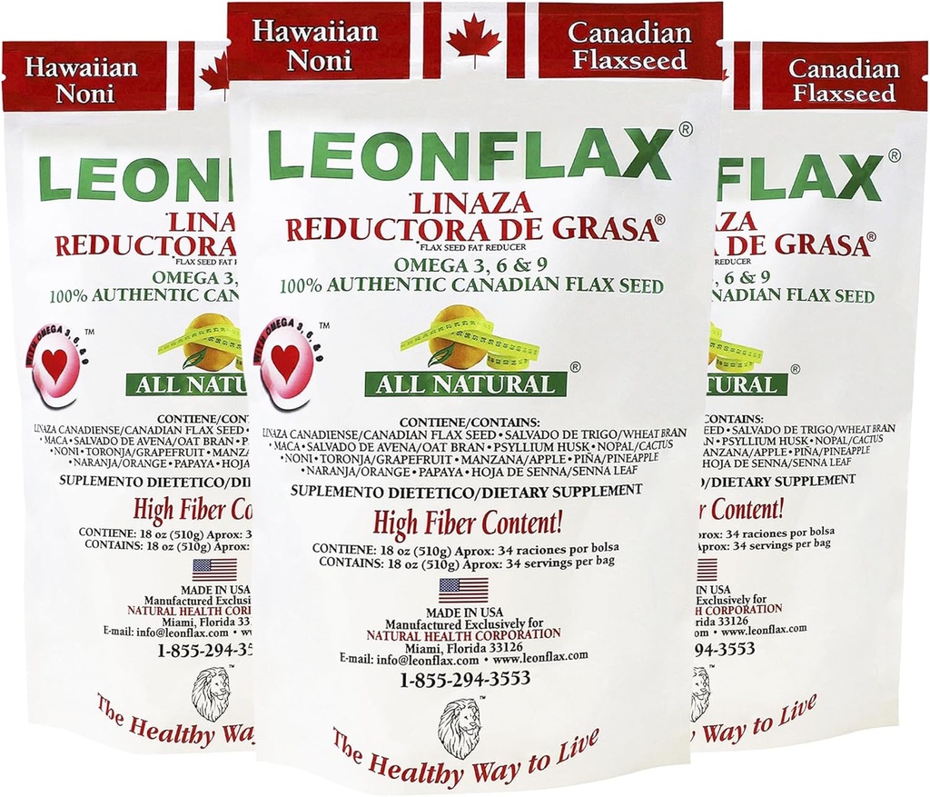 Leonflax, 100% Authentic Canadian Flax Seed, All-Natural, תוכן סיבים גבוהים, תוספת תזונתית לשיפור בריאות העיכול שלך, 18 Oz, Bag, Natural Health Corporation (Pack of 3)