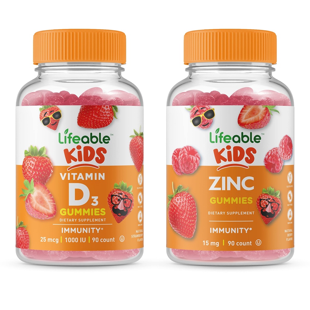 ויטמין D ילדים + Zinc Kids, Gummies Bundle - גדול Tasting, ויטמין תוסף, Gluten Free, GMO חינם, Chewable Gummymy