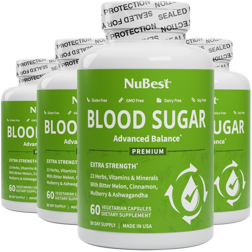 Nu Best Blood Sugar - Premium Formula with Bitter Melon, Ashwagandha, Cinnamon, Chromium, Magnesium, ויטמינים, Alpha Lipoic Acid, Cayenne Pepper - תמיכה בסוכר דם בריא - Pack 4
