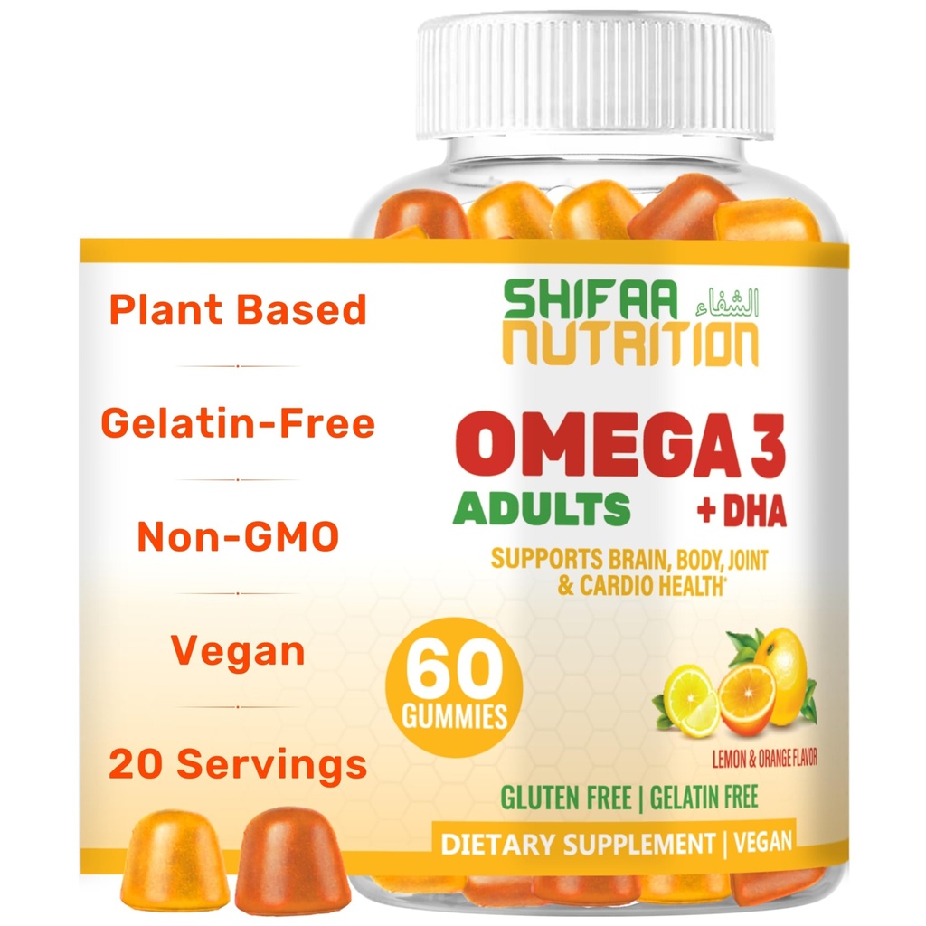 SHIFAA NUTRITION אומגה 3 מסטיקים למבוגרים | No Fish Oil Burps | 60 חניכיים | Plant Based w/Chia Oil, Algae | אומגה 3 6 9 w / DHA, ויטמין C | עבור המוח, Cardiovascular & Immune Support Halal תמיכה Halal Hal תמיכה Halal תמיכה Halgae